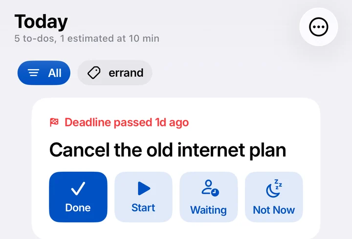 The Today screen's Now card: Cancel the old internet plan, deadline passed 1 day ago, with Done, Start, Waiting and Not Now